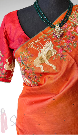 Handwoven Tussar Embroidery borders and pallu Partywear elegant beauty  one of kind print tussar silk saree  online and prestitched blouse