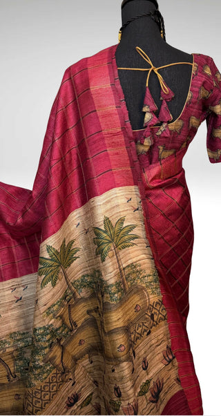 Handwoven pichwai print tussar silk saree  online and prestitched blouse