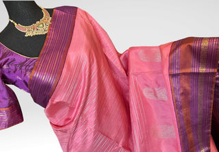 Pastel Pink Pure zari Hndwoven Brocade kanjivaram silver zari with stitched blouse Indian wedding silk saree