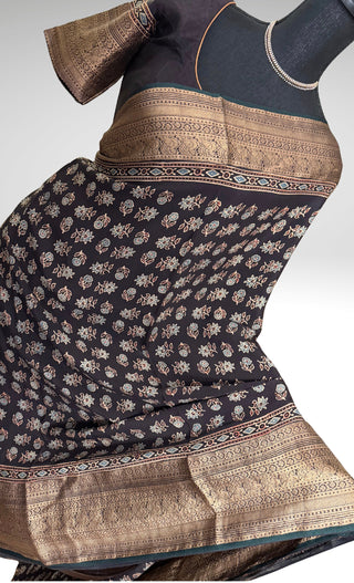 Handloom ajarakh hand block print with kanjivaram zari borders easy drape saree pallu silk with stitched blouse