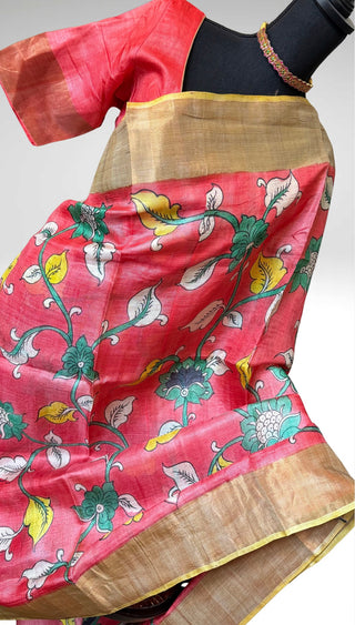 Pink Tussar soft Tussar saree with stitched blouse gold zari borders