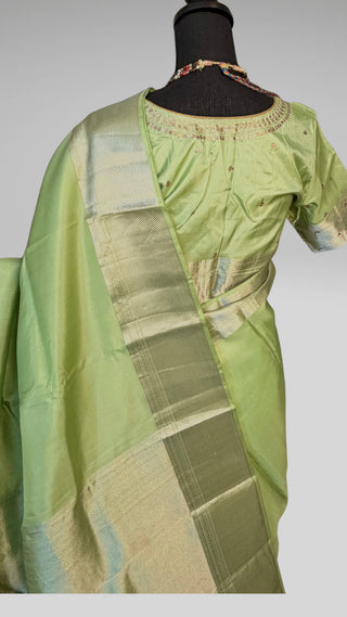 Handloom kanjivaram pastel pista green silver  zari with stitched blouse traditional kanchi pattusaree saree Indian wedding