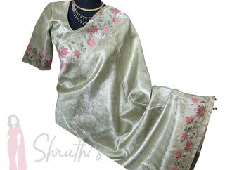 Pure silver zari silk brocade pastel green  silk pure embroidered silk handwoven