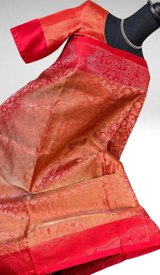 Pure Handloom Red Antique Tissue soft silk saree with stitched  blouse