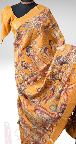 Handwoven pichwai one of kind print tussar silk saree  online and prestitched blouse