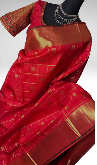 Pure Red kanjivaram pattu muhurtam kalyanam Pelli cheera saree pure zari handloom korvai kanchi red checks butta kanjivaram silk saree with embroidery  blouse