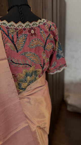 Tissue Gold Chanderi pastel tissue silk saree with pen kalamkari hand embroidered silk blouse