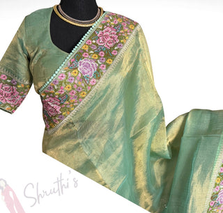 Pure Tissue Beneras pastel Green Party wear handloom handwoven pure silk saree stitched blouse saree readymade online USA