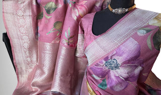 Lotus Pink Tussar Beneras Floral printed Katan saree with prestitched blouse