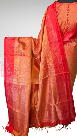 Pure Handloom Red Antique Tissue soft silk saree with stitched  blouse
