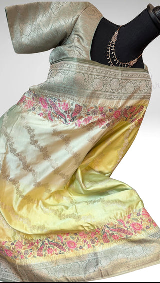 Handloom Pastel green shaded Pure silk Easy drape embroidered borders and pallu silk handwoven blouse border