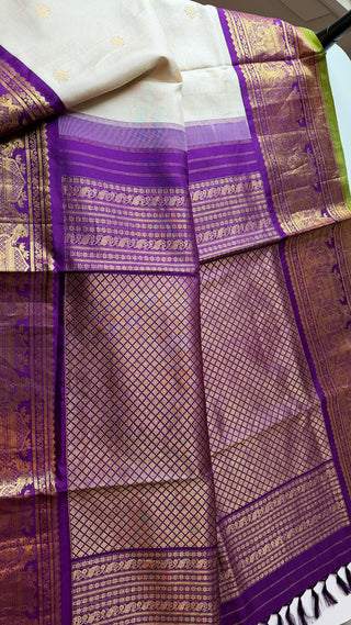 Pure Handloom ven pattu white to purple  Gadwal silk saree gold zari silk with stitched blouse ready to ship USA Easy drape