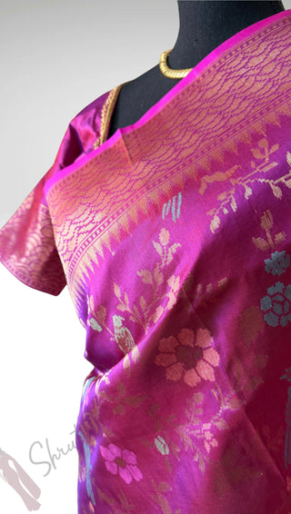 Magenta  Pure katan Benerasi silk saree with stitched  embroidered blouse online shopping usa