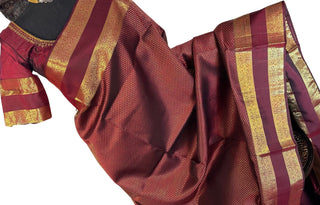 Dark coffee brown  kanjivaram pure zari fine weave handwoven easy drape online shopping with  stitched blouse usa