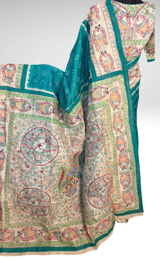 Tussar silk bandhej saree with hand painted madhubani pallu silk blouses