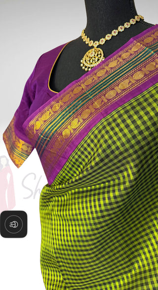 Handloom silk cotton saree checks with stitched blouse chettinad silk zari borders silk cotton saree
