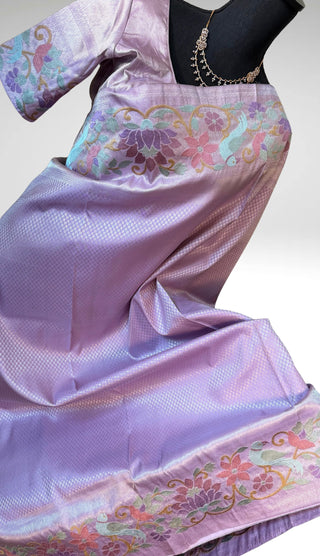 Bridal lavender silver zari silk brocade saree silk pure embroidered silk handwoven  Indian saree with stitched blouse Handloom USA