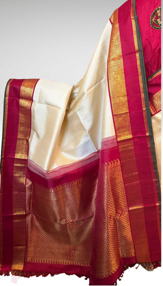 Ven Pattu kanjivaram brocade white tomaroon  Kanchi pattu saree gold zari Indian wedding saree pure silk saree with stitched blouse usa online shopping hand embroidered blouse