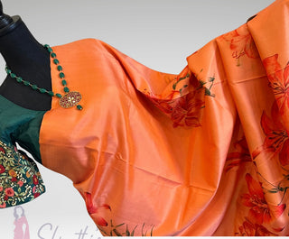 Pure Soft Silk kanjivaram Saree  Orange Printed silk saree with embroidered Tussarsilk  Stitched Blouse Indian Saree Online USA Ready to Ship Saree Online USA Easy Drape