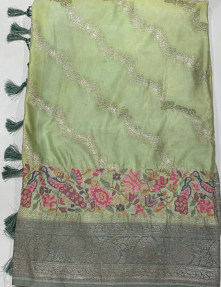 Handloom Pastel green shaded Pure silk Easy drape embroidered borders and pallu silk handwoven blouse border