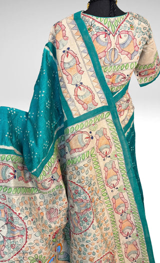 Tussar silk bandhej saree with hand painted madhubani pallu silk blouses