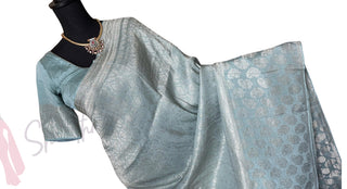 Pastel blue Pure crepe high Gsm Brocade silver zari Mysore Soft Silk Saree beautiful embroidered saree Indian Wedding & Bridal Silk Saree ready to ship for bride