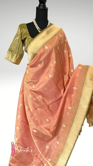 Elegant Banarasi tissue silk saree in peach with gold butta motifs and zari detailing for wedding