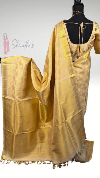 Traditional gold Kanchi pattu handloom saree with zari border and embroidered blouse for bridal wedding and reception