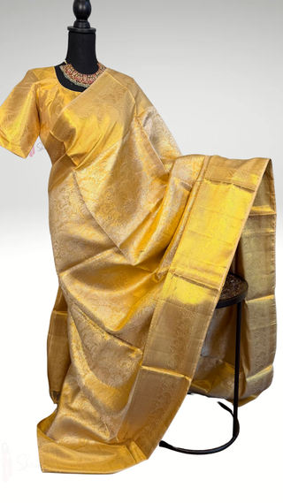 gold kanchi pattu tissue saree brocade weave stitched blouse bridal festive wear