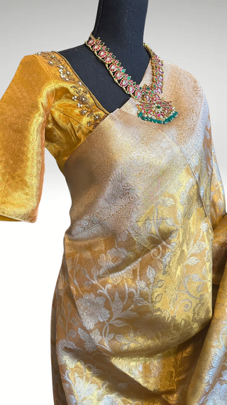 Gold tissue Kanchi pattu silk saree with contrast prestitched blouse