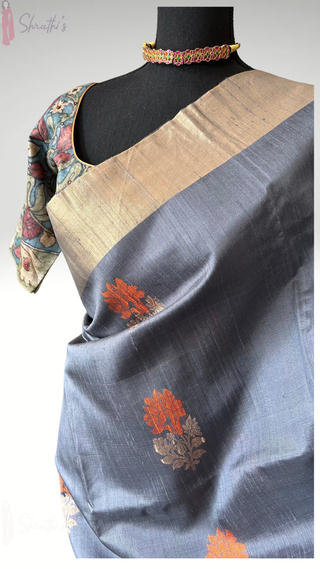 grey jute silk saree double ply handloom weave stitched blouse traditional wear