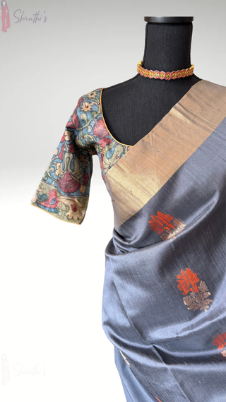 grey jute silk saree handloom raw silk finish kalamkari stitched blouse partywear