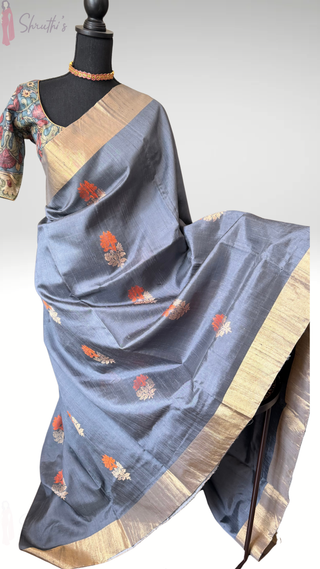 grey jute silk saree hand painted kalamkari blouse stitched festive pooja wear