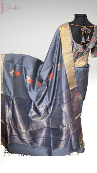 grey raw silk saree kalamkari blouse stitched pooja partywear handloom