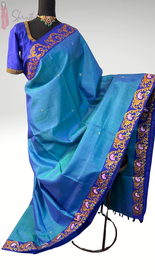 Pure silk Kanjivaram saree with traditional Tanjore hand painted pallu