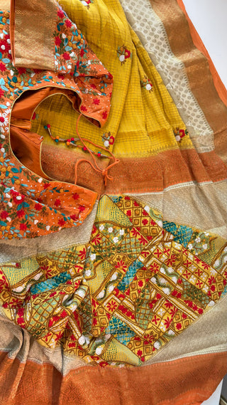 Handcrafted mustard Mysore crepe soft silk saree for bridal and festive wear