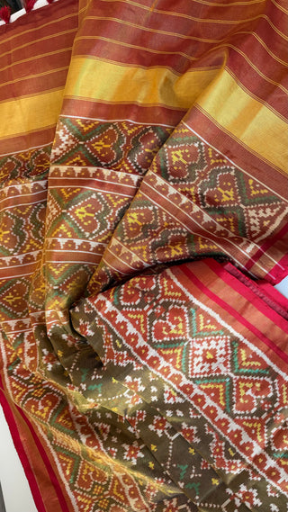 Exquisite Patola silk saree made using double thread weaving technique, featuring detailed patterns and a rich zari pallu.