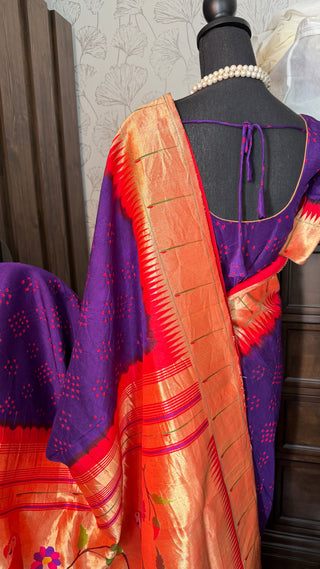 Hand done purple bandhani paithani pure silk saree with intricate craftsmanship
