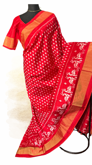 Handwoven red ikat silk saree with ready blouse