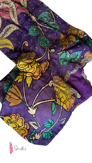 Violet hand-painted Kalamkari blouse with embroidery, ideal for weddings and parties.