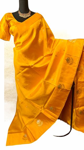 Yellow raw mango Banaras pure silk saree with gold zari border online USA