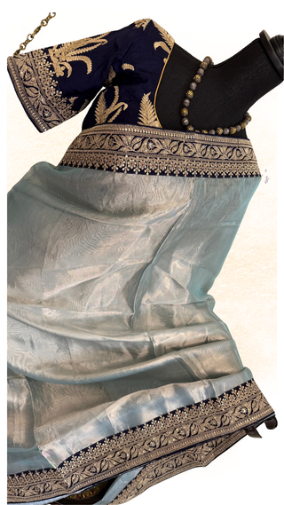 Handloom Banaras tissue organza silk saree soft drape with brocade stitched blouse