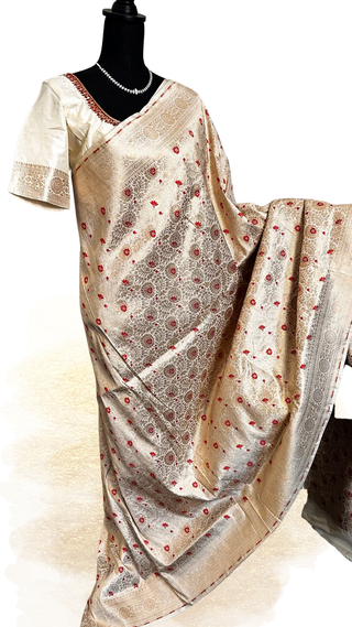 Pure Banarasi handloom Katan silk saree displayed with contrast blouse and zari detailing