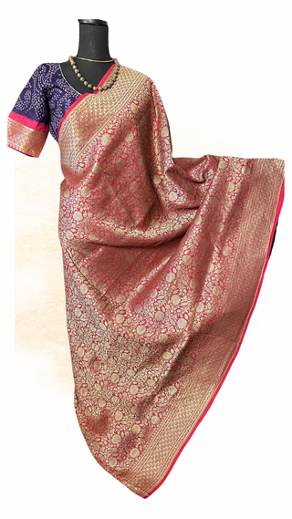 Handloom Bandhani Banarasi silk saree with copper zari and stitched blouse online