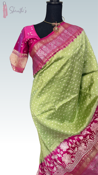 Handwoven Bandhej silk saree featuring intricate embroidery and prestitched blouse, premium handloom craftsmanship, ready to ship worldwide.