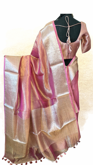 Handloom double tissue Katan Banarasi silk saree in pastel pink featuring silver zari and a ready-to-wear brocade blouse.