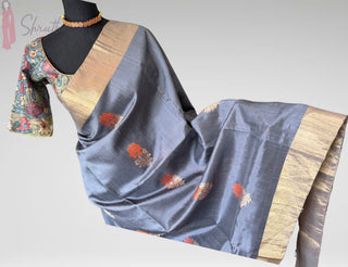 grey jute silk saree antique gold handloom weave stitched blouse elegant wear