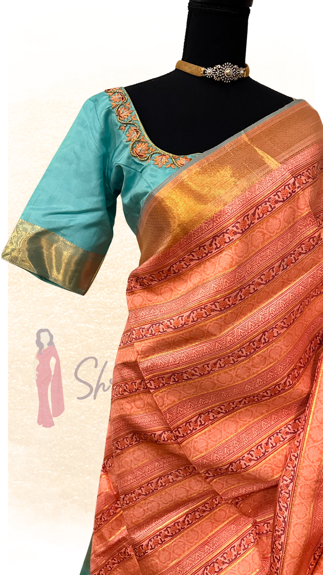 Handloom Kanchi Pattu block printed Kanjivaram silk saree in peach gold with teal green blouse