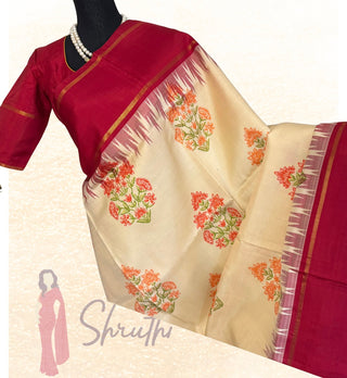 Handloom Kanchi pattu ven pattu saree with floral block print design