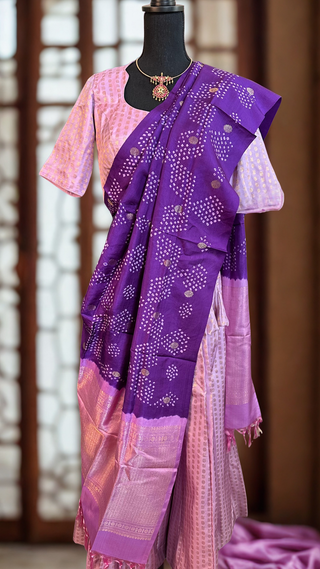 Pure handloom Kanjivaram pavadai dhavani set featuring a padded lined blouse and rich zari weaving